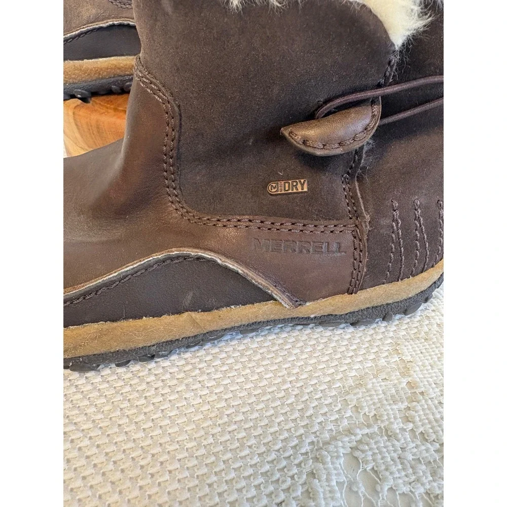 Merrell M-Select DRY Brown Leather gorpcore Suede Faux Fur Winter Boots  w-7.5